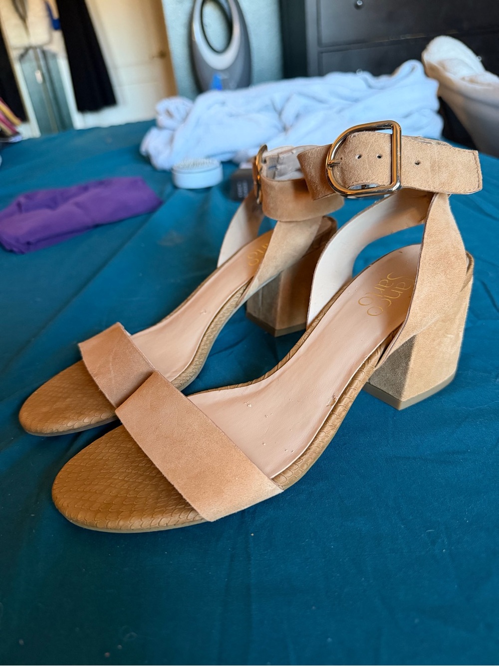 Franco Sarto Tan Suede Block Heel Sandals